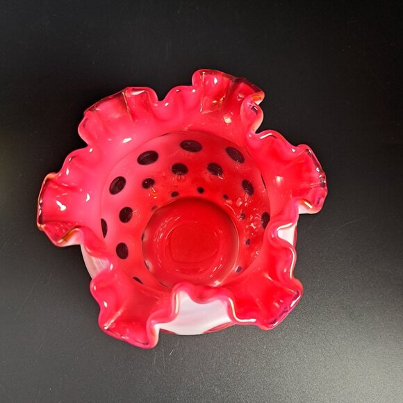 Fenton Coin Dot Cranberry Ruffled Glass Vase Vintage - Picture 6 of 10